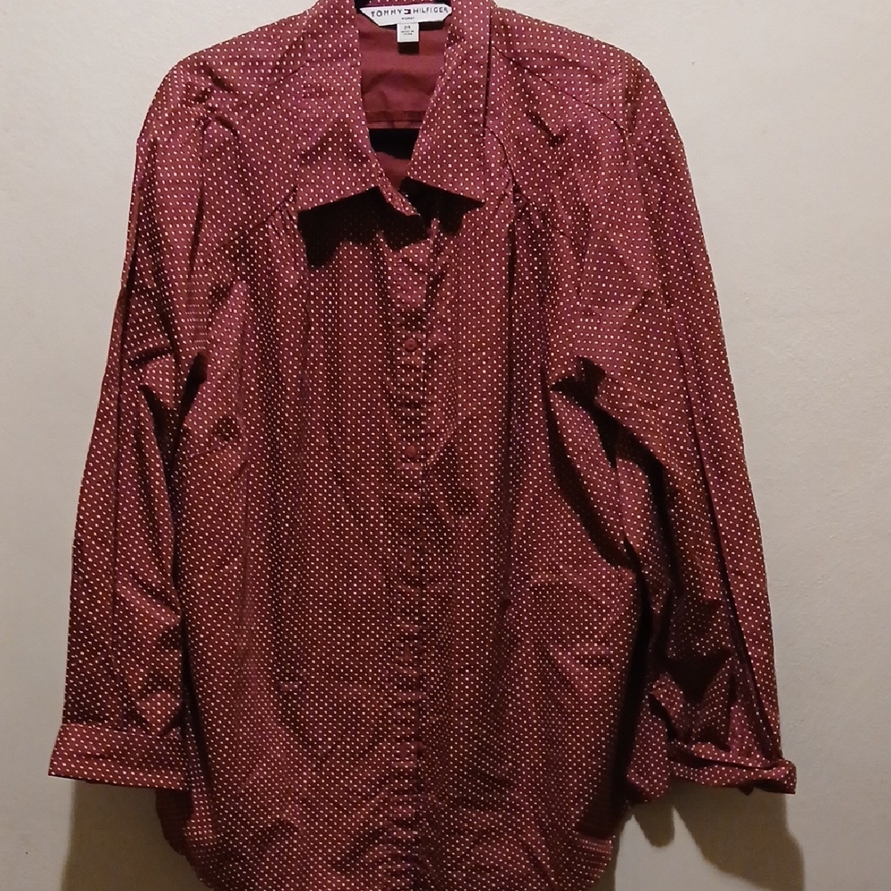 Tommy Hilfiger Women's Maroon Polka Dot Casual Shirt